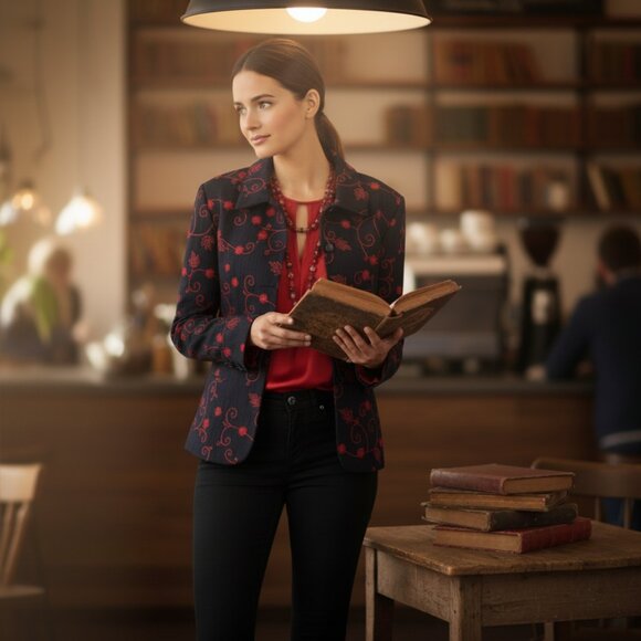 Christine Phillipe Womens Blazer 8 Black Red Floral Embroidered Cotton Pockets - Picture 5 of 15